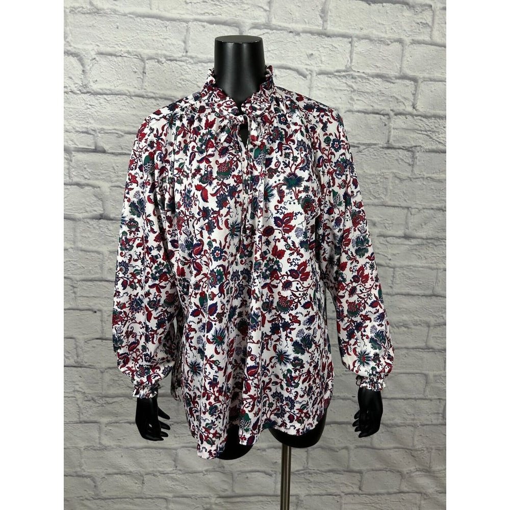 Vtg 80s Floral Print Long Sleeve Ruffle Tie Neckline Blouse Top Women's XL